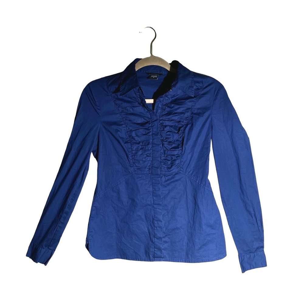 Moda International Royal Blue Ruffle Front Button Down Blouse Shirt Size 4